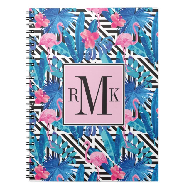 Carnet Flamant rose et paumes sur le motif géométrique (Devant)