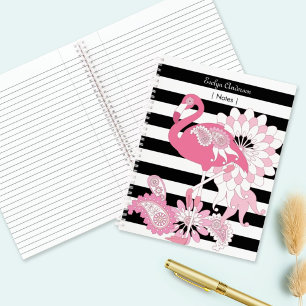 Carnet Flamant Rose Fantaisiste Rayé Noir et Blanc
