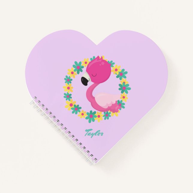 Carnet Flamant rose rose Bleu et jaune couronne florale (Devant)