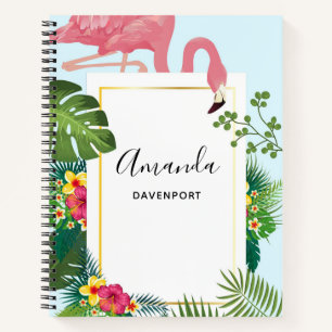 Carnet Flamant rose rose élégant et Feuilles tropicaux