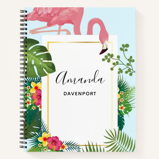 Carnet Flamant rose rose élégant et Feuilles tropicaux (Devant)