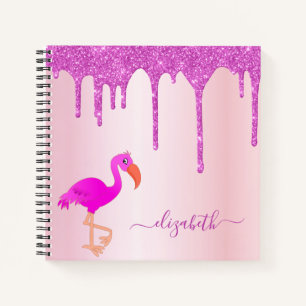 Carnet Flamant rose rose parties scintillant gouttes nom