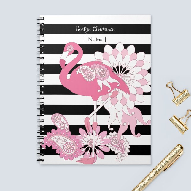 Carnet Flamant rose rose rayé noir et blanc moderne (Créateur téléchargé)