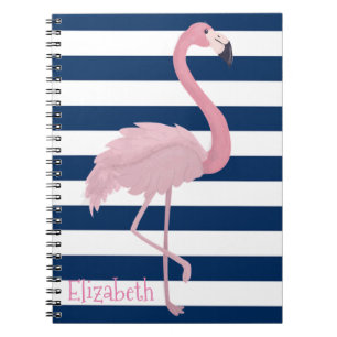 Carnet Flamant rose rose, rayures bleu marine personnalis
