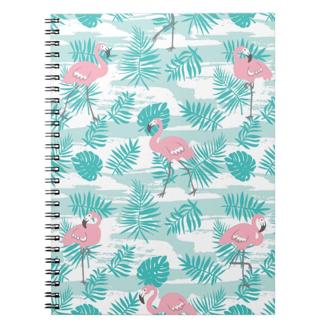 Carnet flamants roses, feuilles de palmiers verts, tropic (Devant)