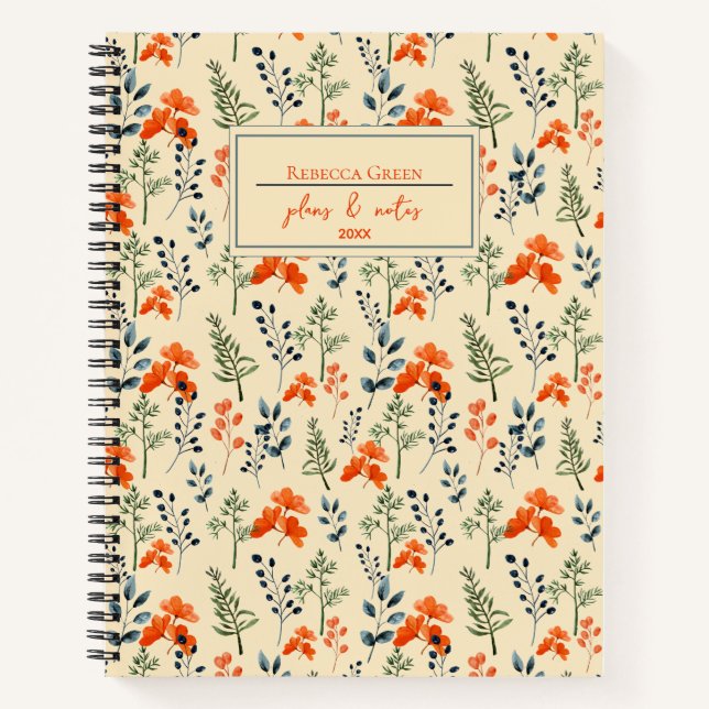 Carnet Fleur Botanique Orange Floral Vert Branche (Devant)