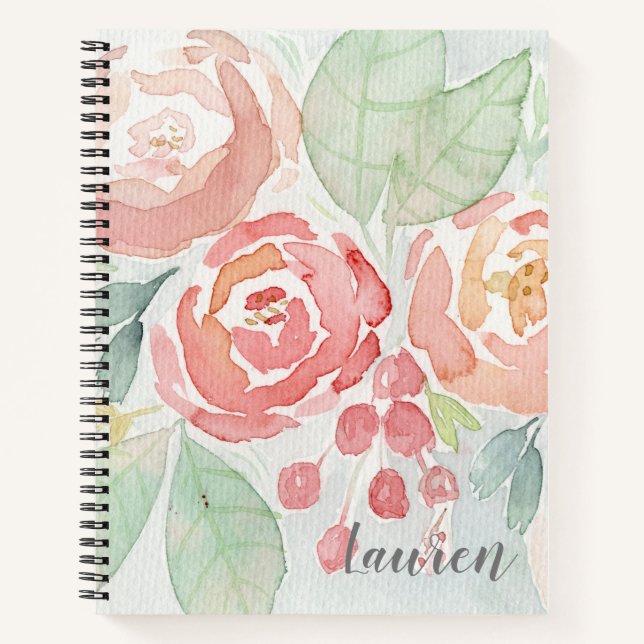 Carnet Fleur d'aquarelle de Corail et de Blush (Devant)