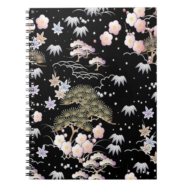 Carnet Fleur de cerisier rose noir Élégant motif floral (Devant)