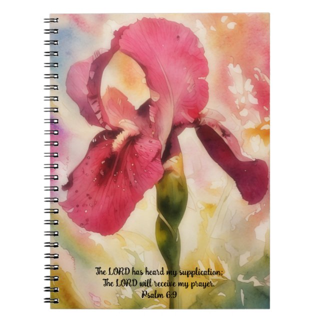 Carnet Fleur d'Iris Rose Magenta Art Verset Biblique Priè (Devant)