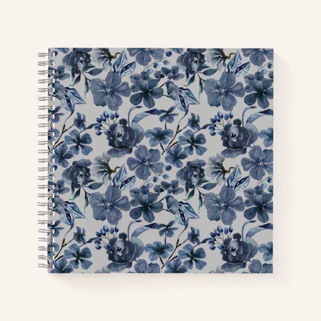 Carnet Fleur florale personnalisée bleu et blanc (Devant)