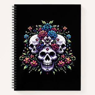 Carnet Fleur gothique - Mystique floral crâne Pixel Art