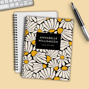 Carnet Fleur retro jaune moutarde noir
