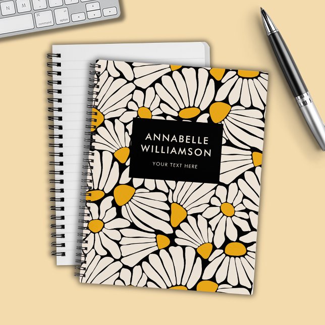 Carnet Fleur retro jaune moutarde noir (Retro floral daisy dream notebook)