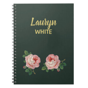 Carnet Fleur rose et feuilles sur vert foncé