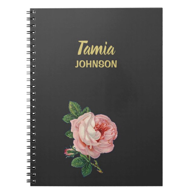 Carnet Fleur rose nom personnalisé gris (Devant)