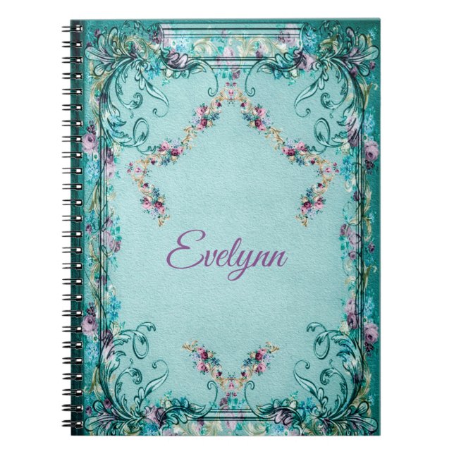 Carnet Fleur victorienne et scroll élégant turquoise viol (Devant)