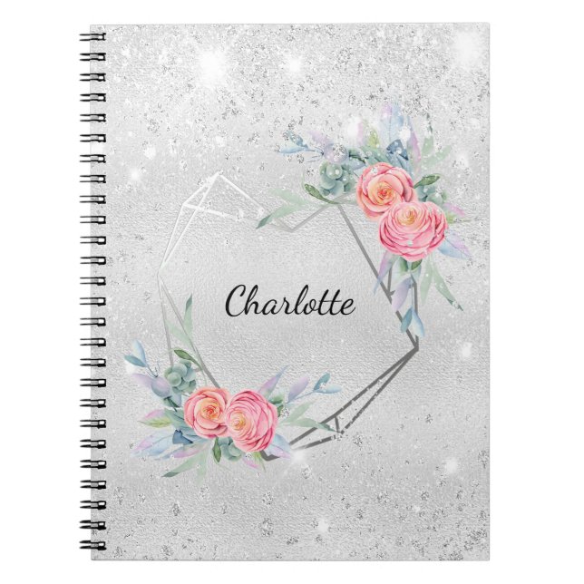 Carnet Fleuron rose argent Nom de la parties scintillant (Devant)