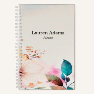 Carnet Fleurs aquarelle couleurs pastel nom personnalisé