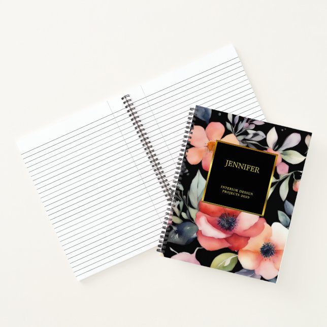 Carnet Fleurs aquarelles élégantes noir or professionnel (Intérieur)