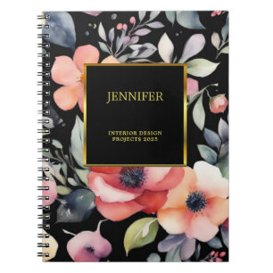 Carnet Fleurs aquarelles élégantes noir or professionnel