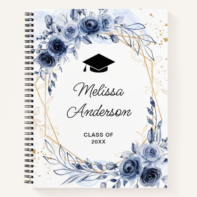 Carnet Fleurs Bleu Marine Diplômé (Devant)