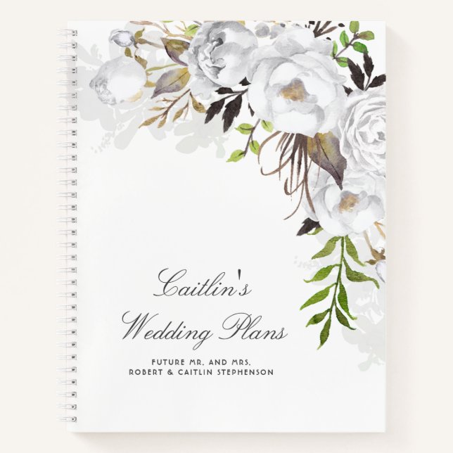 Carnet Fleurs d'aquarelle blanche Élégant plan de mariage (Devant)