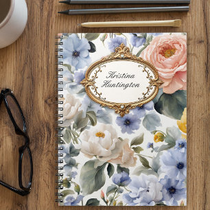 Carnet Fleurs d'aquarelle Pastel vintage avec cadre or