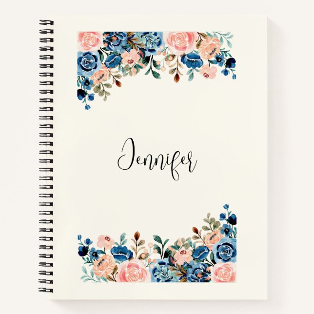Carnet Fleurs d'aquarelle rose et bleu (Devant)