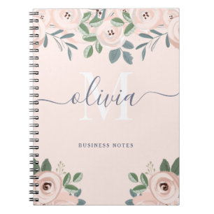 Carnet Fleurs d'aquarelle rose pâle élégantes Monogra