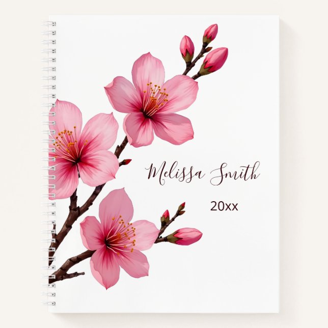 Carnet Fleurs de cerisier rose blanc Votre nom (Devant)