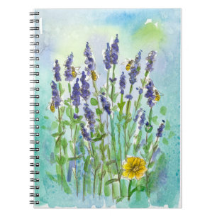 Carnet Fleurs de lavande aquarelle abeilles bleu sarcelle