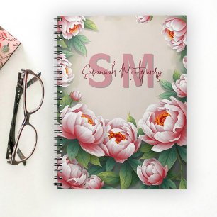 Carnet Fleurs de pivoine rose florissante et Feuilles ver