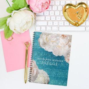 Carnet Fleurs de pivoines blanches sur motif de damas tur