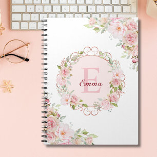 Carnet Fleurs de rose rose poudré en aquarelle à monogram