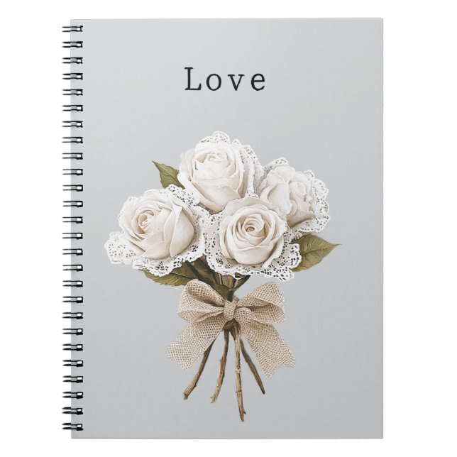 Carnet Fleurs de roses blanches en faux lace gris Pretty (Devant)