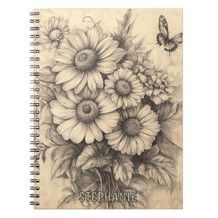 Carnet Fleurs de soleil et papillon - Papier vieilli rust