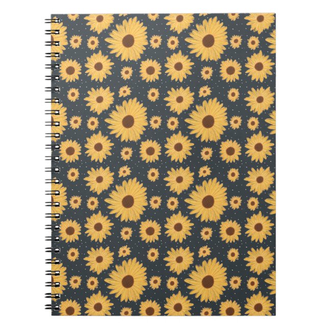 Carnet Fleurs de soleil jaunes Motif bleu foncé (Devant)