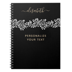 Carnet Fleurs d'or de luxe Elégant Chic Classy Noir