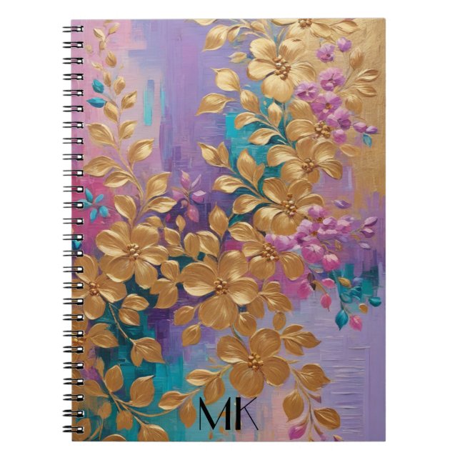 Carnet Fleurs D'Or Peintes Sur Lilac Rose Turquoise (Devant)