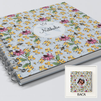 Carnet Fleurs et abeille bleu clair moderne Feminine