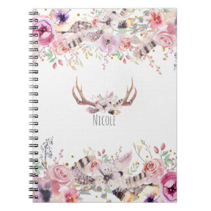 Carnet Fleurs et bois de cerf rustique personnalisé