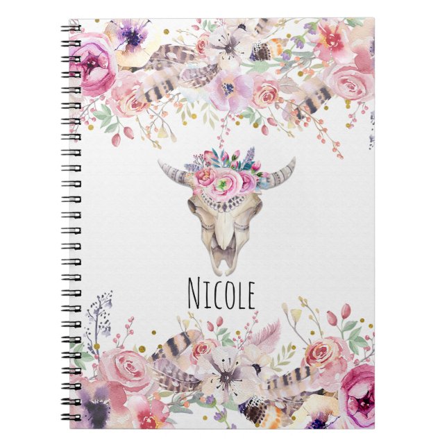 Carnet Fleurs et Crâne de vache Pays rustique Glam Boho C (Devant)