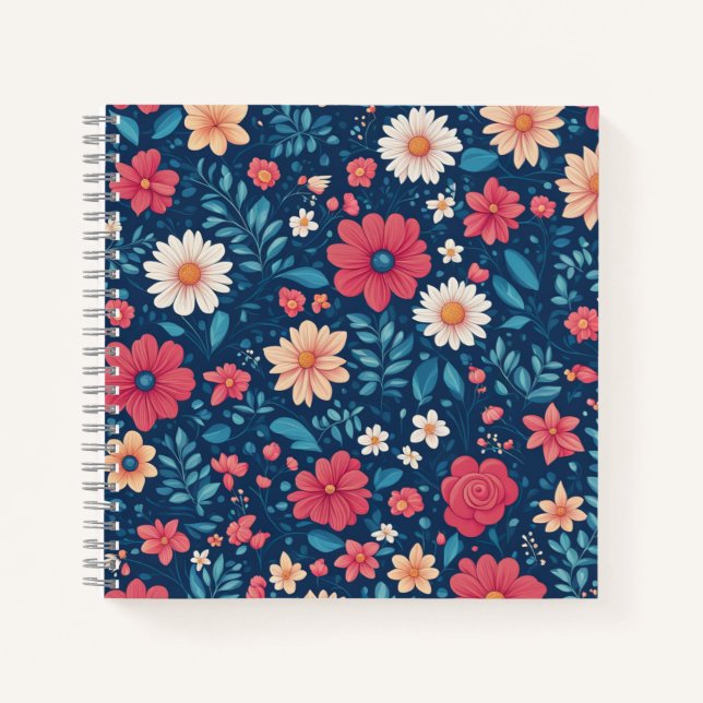 Carnet Fleurs et feuillage stylisés rouge blanc et bleu (Devant)