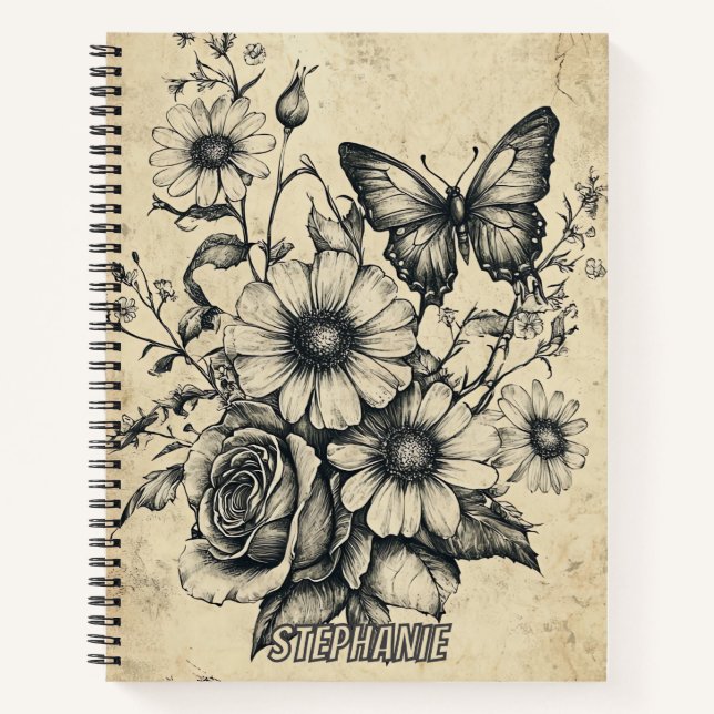 Carnet Fleurs et papillons rustiques - Papier vieilli (6) (Devant)