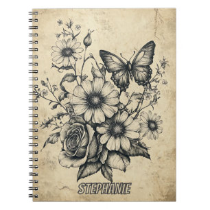 Carnet Fleurs et papillons rustiques - Papier vieilli (6)
