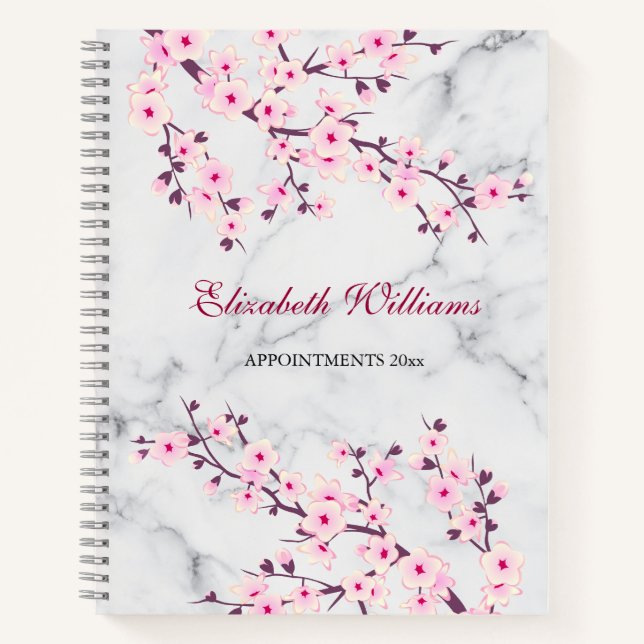 Carnet Fleurs florales de cerisier Marbre gris rose Ajout (Devant)