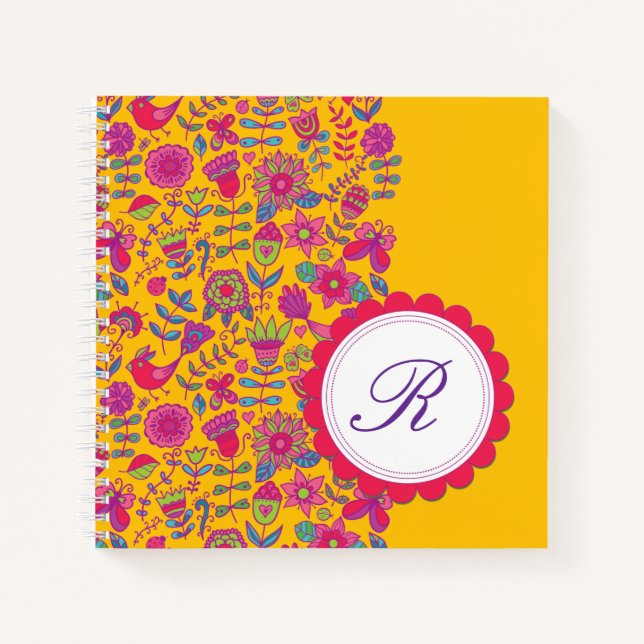 Carnet Fleurs florales rétro brillantes avec Monogramme (Devant)