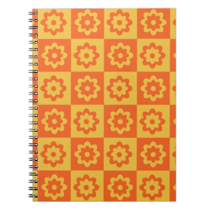 Carnet Fleurs hippies rétro sur damier jaune orange