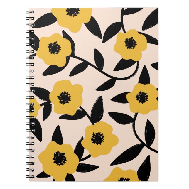 Carnet Fleurs Jaunes Modernes Motif Feuille Noir (Devant)