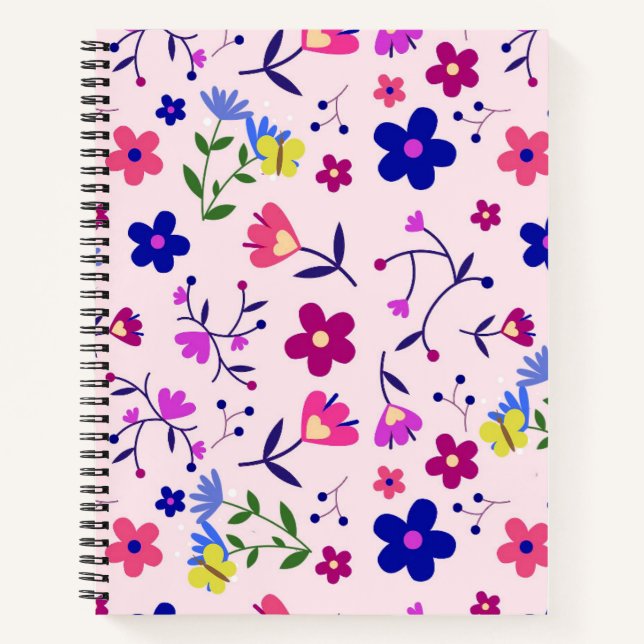 Carnet Fleurs mignonnes et papillons sur rose (Devant)